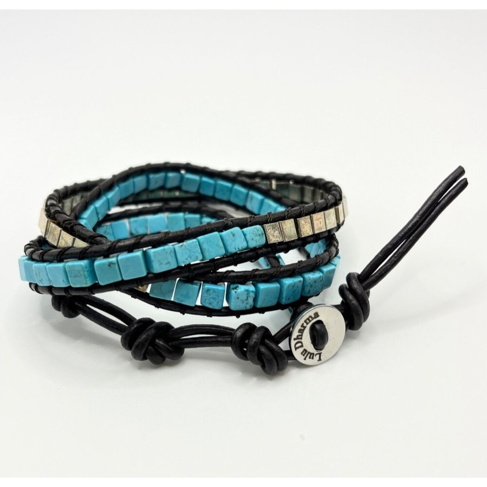 Lulu Dharma Wrap Bracelet Blue Square Beads Simulated Turquoise Black Cord Boho